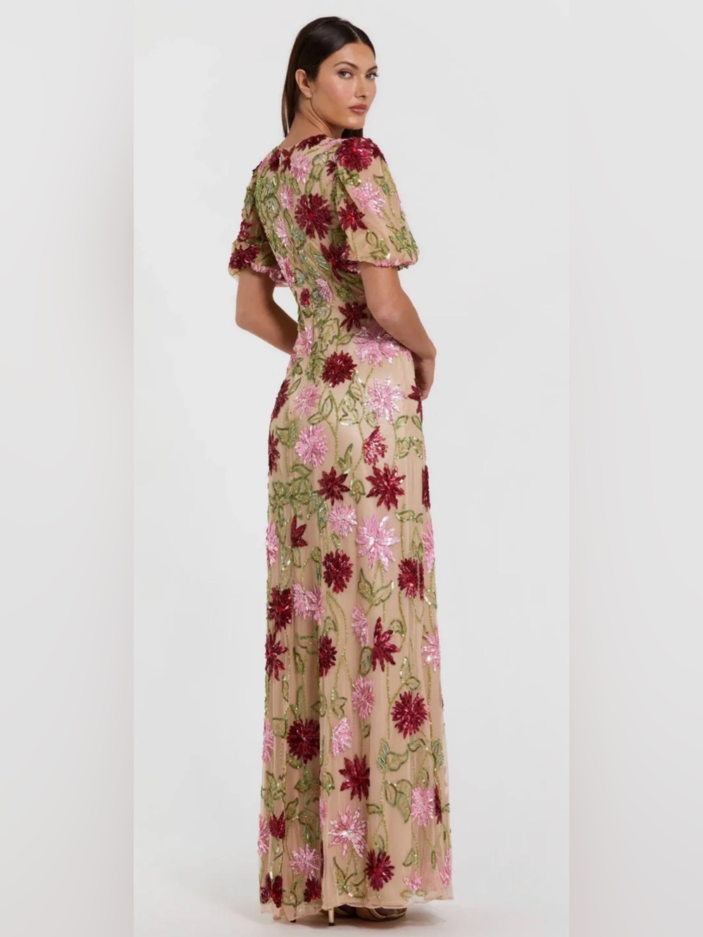 Mac Duggal Beige Maxi Dress with Pink & Burgundy Floral Embroidery - Picture 3 of 10